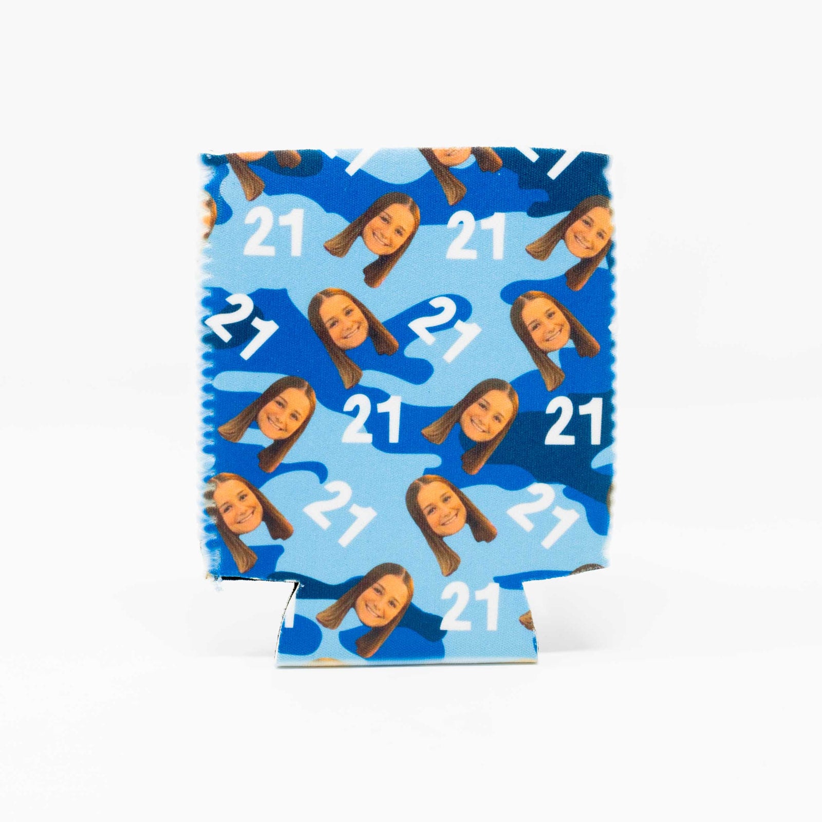 CUSTOM Repeating Face Birthday Drink Insulator—Blue Camo