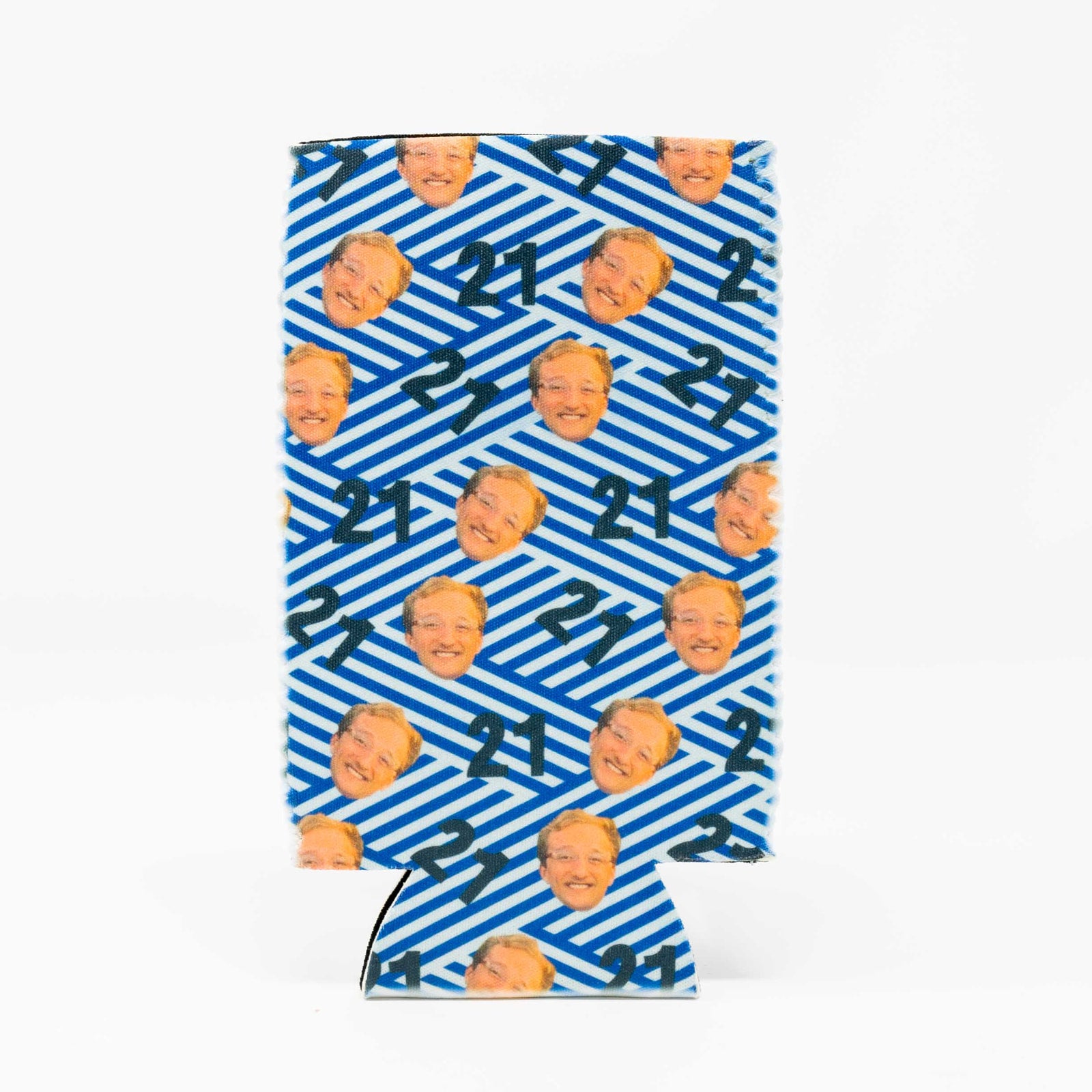 CUSTOM Repeating Face Birthday Drink Insulator—Blue and White Striped