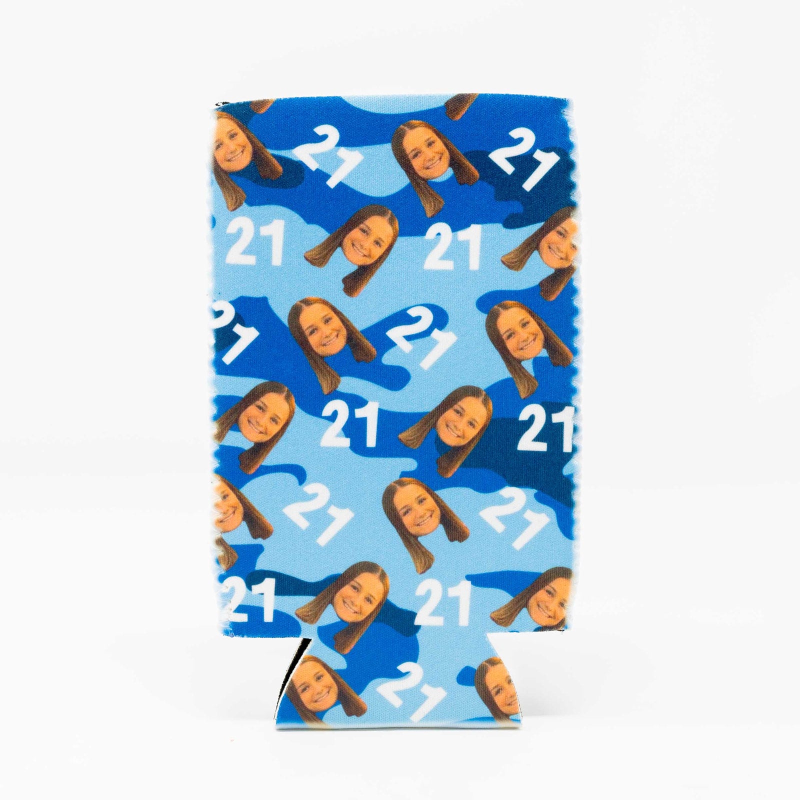 CUSTOM Repeating Face Birthday Drink Insulator—Blue Camo